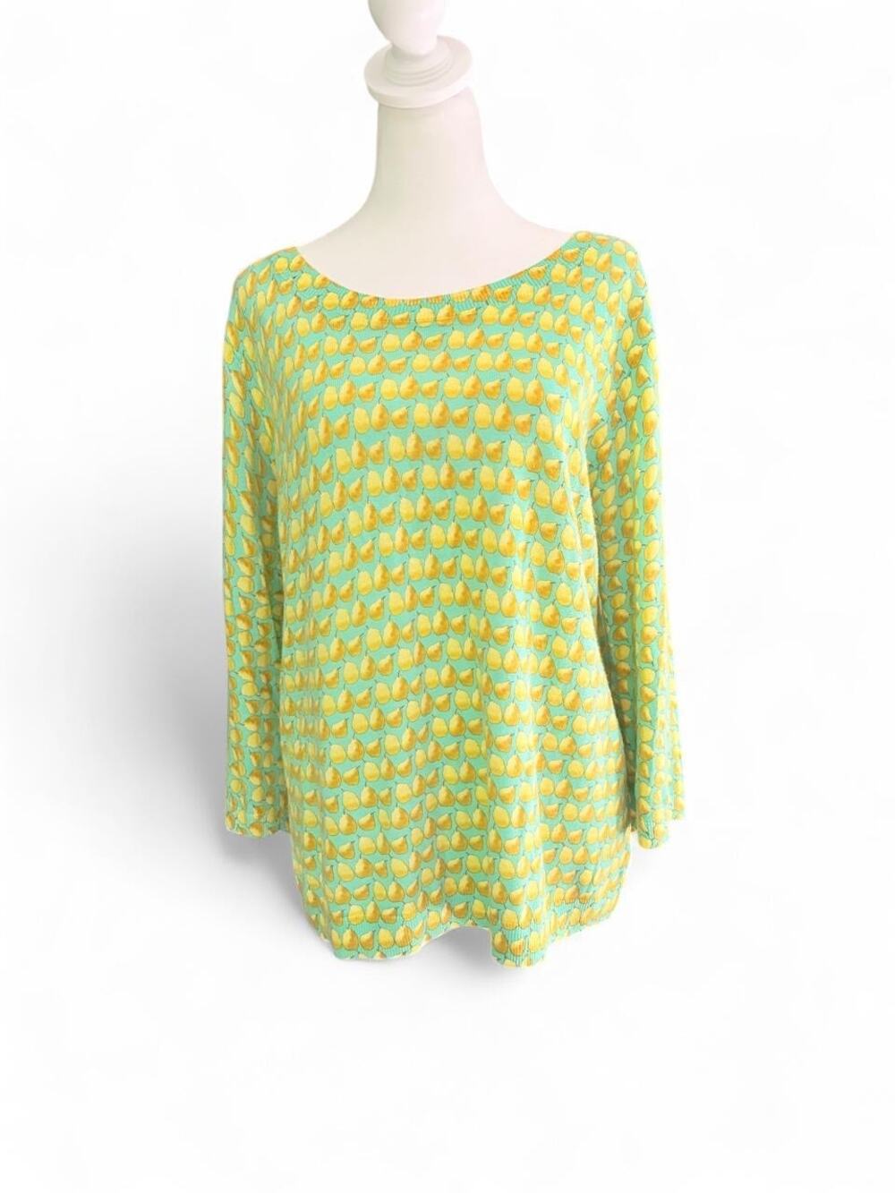 Talbots Pear Print Sweater Large Mint Green Yellow Boat Neck Button Back